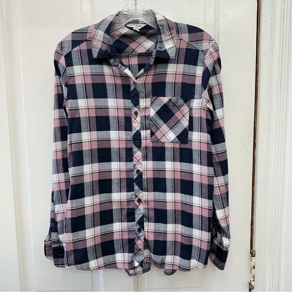 Orvis plaid long sleeve button down flannel shirt women's small pit to pit 19.5